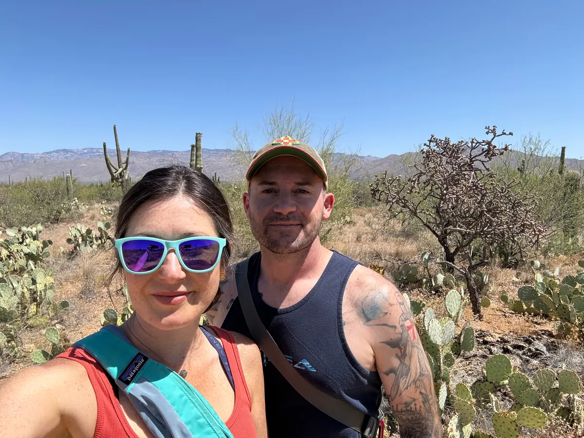 Sonny and Julia: desert trail with saguaros